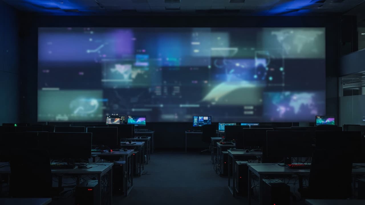 Wide view of an empty cyber operations floor